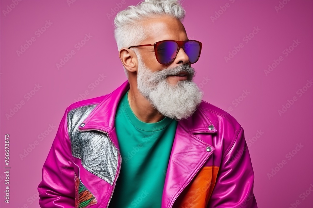 Portrait of a stylish senior man in a colorful jacket and sunglasses, over pink background.