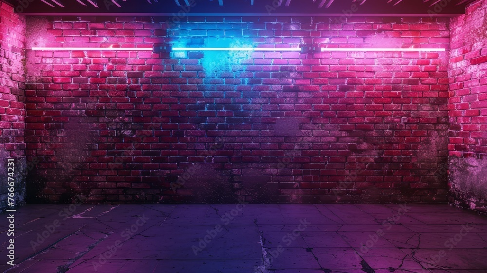 Old brick wall with neon lights Neon shapes on brick wall background Dark empty room with brick walls   AI generated illustration
