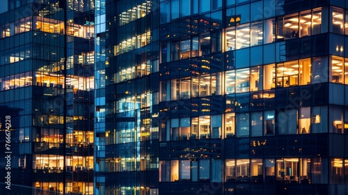 Pattern of office buildings windows illuminated at night Glass architecture corporate building at night - business concept Blue AI generated illustration