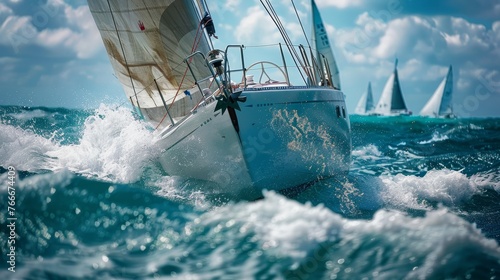 Speedy Sailboats Professional captures of sailboats cutting through the water with speed and grace capturing the thrill of sail AI generated illustration photo