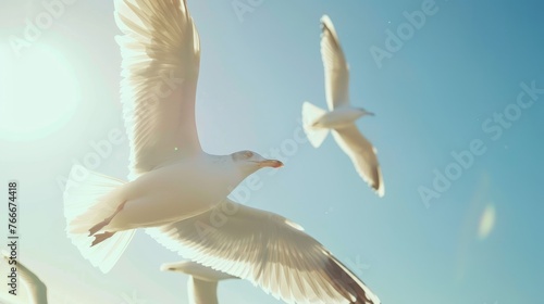 Speedy Seagulls Professional captures of seagulls gliding effortlessly through the air with speed and agility capturing the fre  AI generated illustration