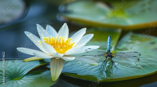 The delicate beauty of a dragonfly resting on a lily pad   AI generated illustration