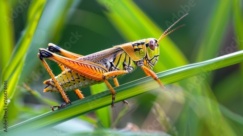 The delicate beauty of a grasshopper perched on a blade of grass    AI generated illustration © ArtStage