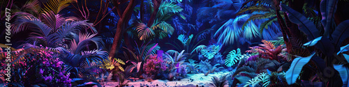 Cybernetic Jungle Stage: Futuristic jungle with this high-tech stage, featuring neon foliage, holographic animals, and augmented reality projections, blending the natural world with advanced  © Lila Patel