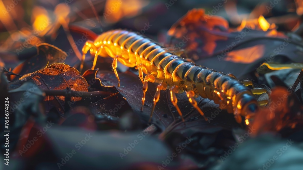 Fototapeta premium The mesmerizing details of a centipede crawling through leaves AI generated illustration
