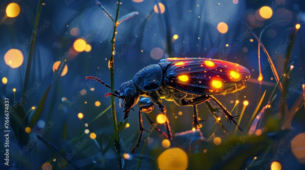 The mesmerizing details of a firefly lighting up the night    AI generated illustration - obrazy, fototapety, plakaty 