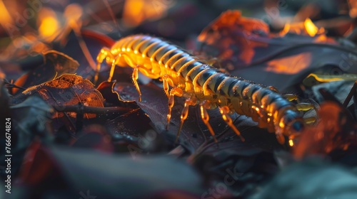 The mesmerizing details of a centipede crawling through leaves   AI generated illustration © ArtStage