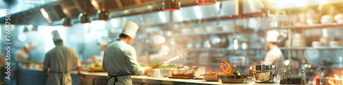 Blurry restaurant kitchen background. Active chefs working. Concept of Culinary chaos, busy kitchen, restaurant ambiance, kitchen staff, professional chefs, culinary teamwork, fast-paced environment. photo