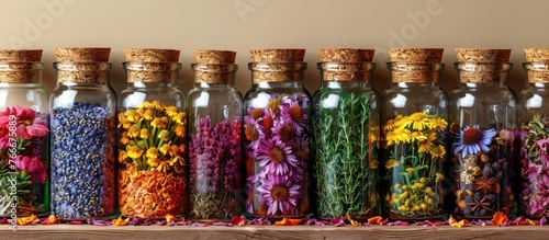 Jars with dry herbs and flowers on a beige background