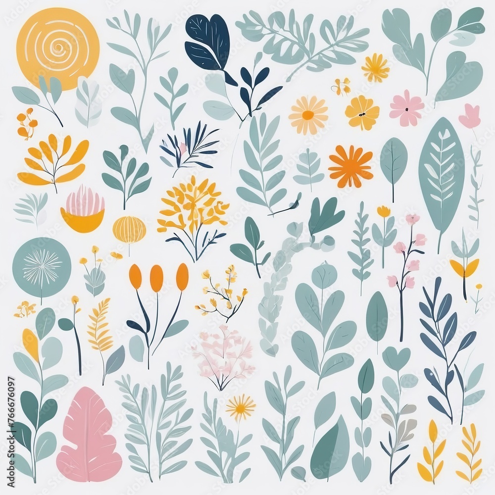 A collection of seamless pattern, colorful abstract plants and flowers. Hand drawn Collection of leaves and flowers. A close up of a pattern of flowers and leaves.
