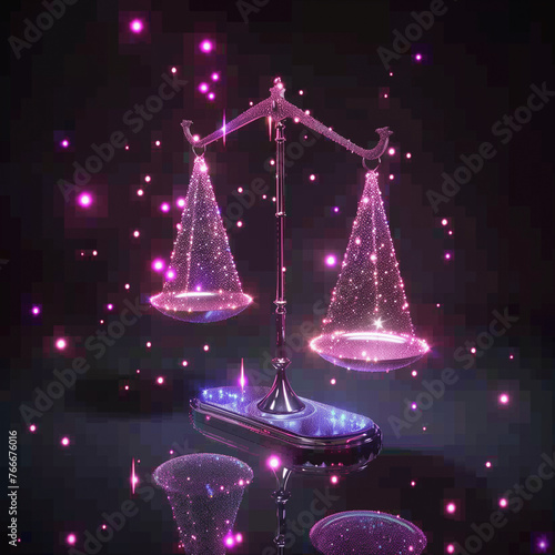 scales of justice are reimagined in a sparkling pink hue against a dar photo