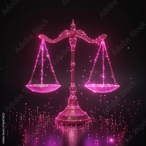 scales of justice are reimagined in a sparkling pink hue against a dar photo