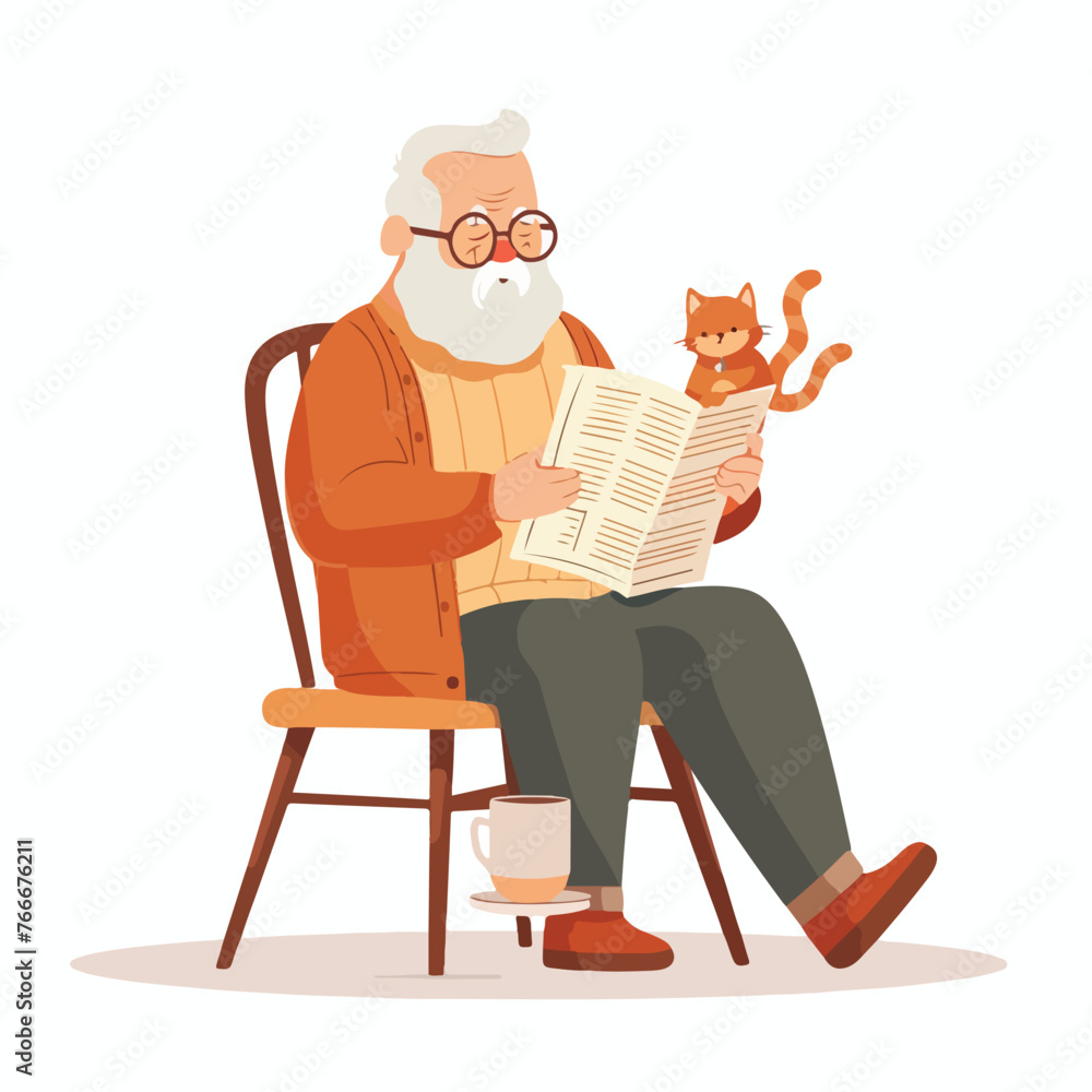 Old man character with a cat. Senior sitting on a c