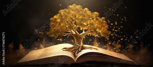 An empty book spread out with an illustration of a tree resting on its cover, symbolizing knowledge and nature