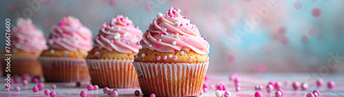 Pink frosted cupcakes with sprinkles on glittering background.