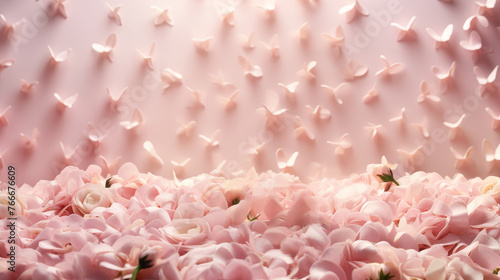 Background of delicate flower petals and light butterfly made of petals in pastel light pink