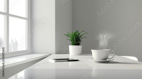 Minimalist workspace with a steaming cup of coffee, a potted plant, and a notebook on a white desk by a sunlit window. A clean, minimalist desk with a laptop, a potted plant, and a coffee cup. © Shozib