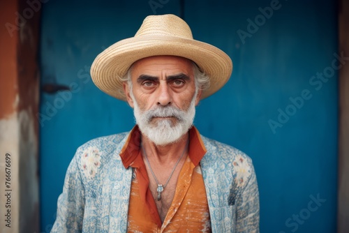 Portrait of an elderly man with a white beard in a straw hat. © Asier
