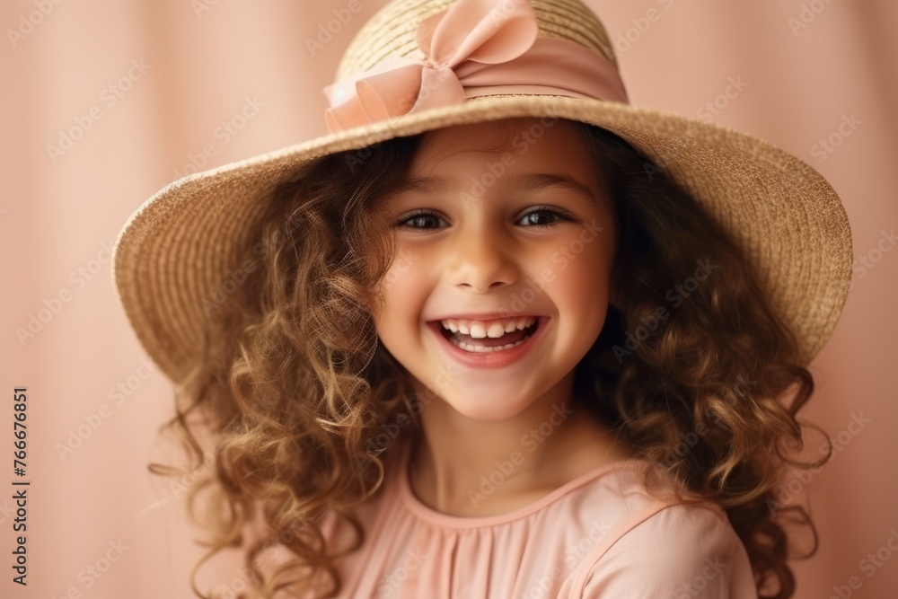 Portrait of a cute little girl with curly hair and a straw hat Portrait of a cute little girl with curly hair and a straw hat