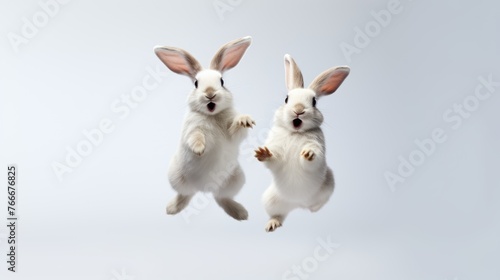 Adorable fluffy rabbits with perky ears hopping on white background photo
