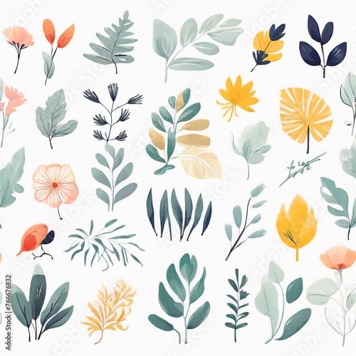 A collection of seamless pattern, colorful abstract plants and flowers. Hand drawn Collection of leaves and flowers. A close up of a pattern of flowers and leaves. 