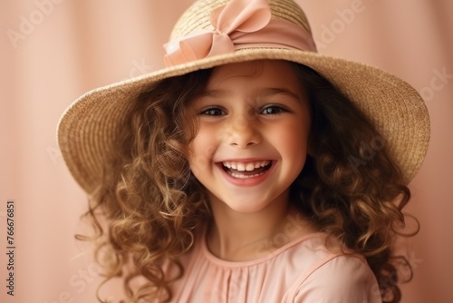 Portrait of a cute little girl with curly hair and a straw hat