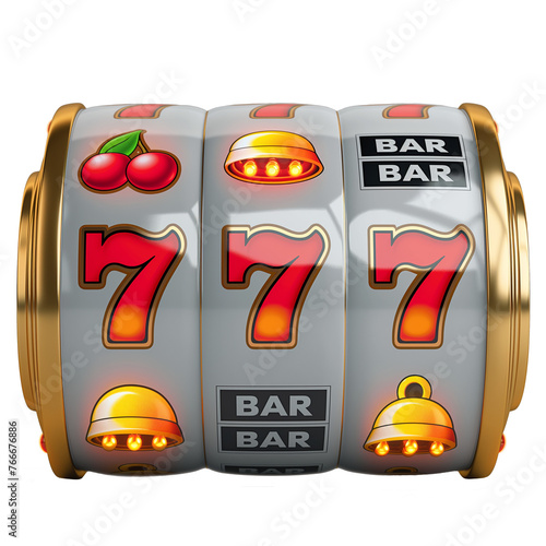 Slot machine with red sevens. Jackpot. Lucky seven 777. GOLD slot machine for casino games. Ai generated. Colorful PNG illustration. photo