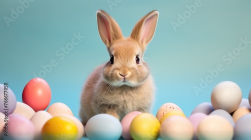 Cute rabbit with colorful Easter eggs on blue background © JuliaDorian