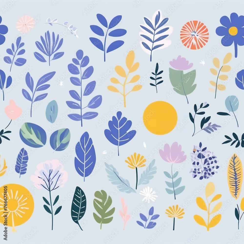 A collection of seamless pattern, colorful abstract plants and flowers. Hand drawn Collection of leaves and flowers. A close up of a pattern of flowers and leaves.
A collection of seamless pattern, colorful abstract plants and flowers. Hand drawn Collection of leaves and flowers. A close up of a pattern of flowers and leaves.