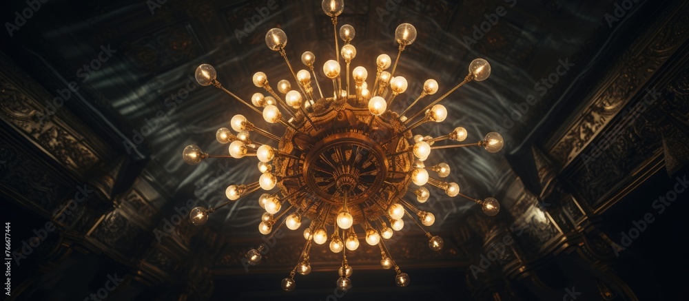 An elegant light fixture, a large chandelier, hangs from the ceiling in a dark room, creating a beautiful contrast with the surrounding darkness
