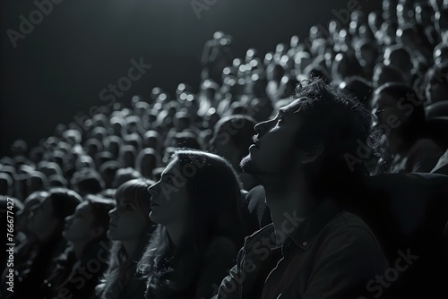 A theater audience captivated by a movie illustrating the cinematic experience of watching a film. Concept Cinematic Experience, Theater Audience, Movie Watching, Captivated Faces