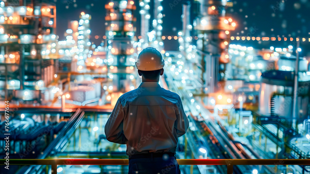 Industry Worker Observing Oil Refinery at Night Industry Worker Observing Oil Refinery at Night