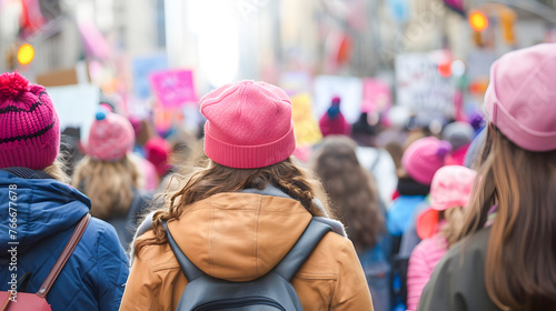 Women Marching in Pink Hats A Symbol of Solidarity and Political Activism photo
