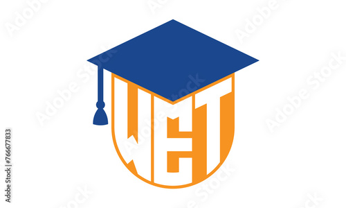 WET initial letter academic logo design vector template. school college logo, university logo, graduation cap logo, institute logo, educational logo, library logo, teaching logo, book shop, varsity