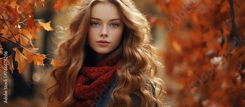 A stylish woman with vibrant long red hair and a fashionable scarf is standing gracefully in front of a majestic tree