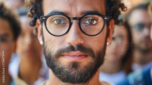 A man with glasses and beard in front of a group, AI