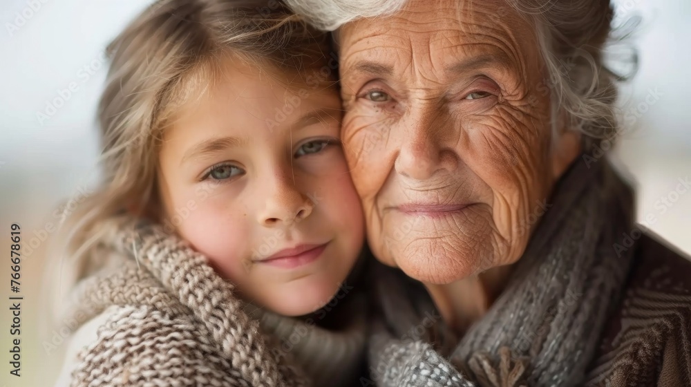 A close up of a young girl hugging an older woman, AI A close up of a young girl hugging an older woman, AI