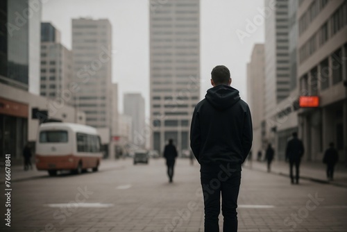 Unemployment concept. Back view of a hoodie man standing lonely in a big city with copy space.
