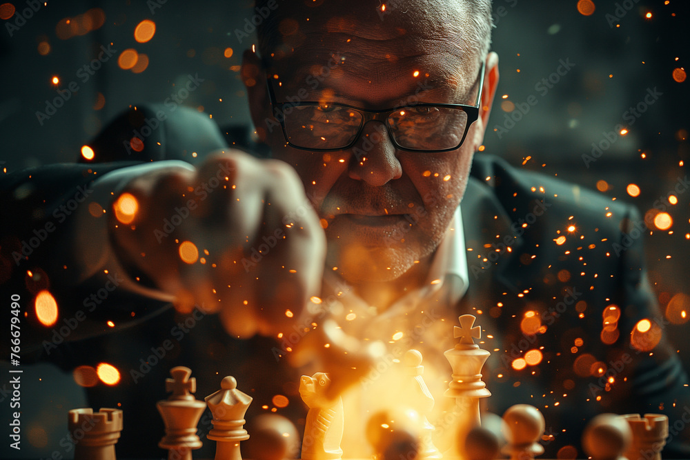 businessman’s decisive move with a chess king, showcasing strategic planning, leadership acumen, and critical thinking in business strategy and competitive success - obrazy, fototapety, plakaty 
