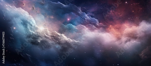 This image captures the mesmerizing beauty of a celestial scene, showcasing a stunning deep blue and purple galaxy filled with stars and wispy clouds in the vast expanse of space.