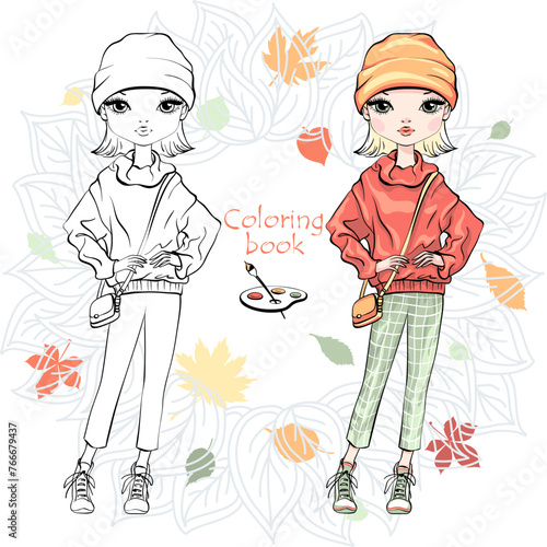 Vector Coloring Book of cute fashion girl in autumn clothes