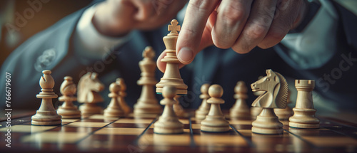 Strategic businessman making a king move in chess, illustrating vision, leadership, and strategic planning in a high-stakes business environment, emphasizing critical decision-making skills