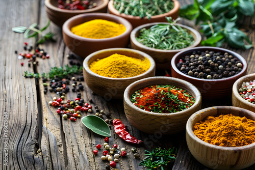 A variety of colorful spices and herbs arranged in small bowls on a rustic wooden surface  adding flavor and aroma to culinary creations