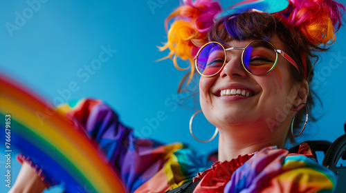 Happy disabled smiling lesbian woman in wheelchair with rainbow flag outfit for pride month festival celebration. inclusion diversity & LGBTQ+ disability representation. Plain background Copy space