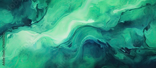 A detailed view of a painting with swirling patterns in vivid green and deep black colors