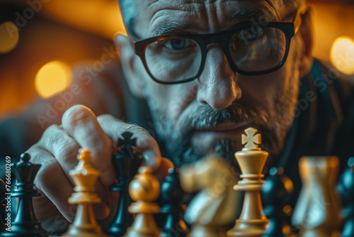 businessman with a focused gaze on chess, illustrating strategy formulation, critical thinking, and executive leadership in business challenges