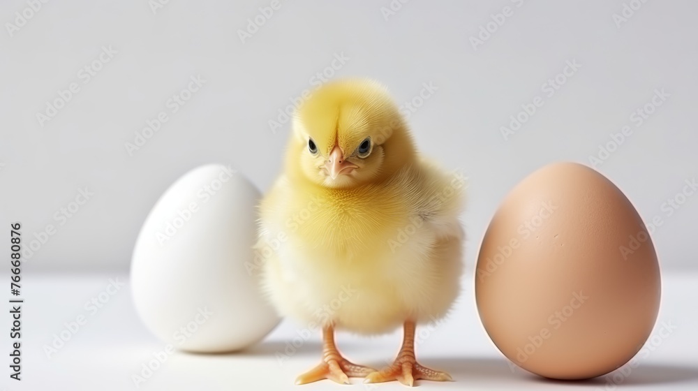 Fluffy yellow baby chick standing in front of golden Easter eggs Fluffy yellow baby chick standing in front of golden Easter eggs