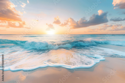 A serene beach scene at sunset, with gentle waves crashing on the shore and a colorful sky in the background 