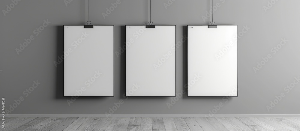 Three whiteboards are hanging on the wall, ready for notes or messages. Three whiteboards are hanging on the wall, ready for notes or messages.