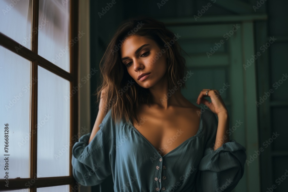 Beautiful young brunette woman in a turquoise blouse Beautiful young brunette woman in a turquoise blouse